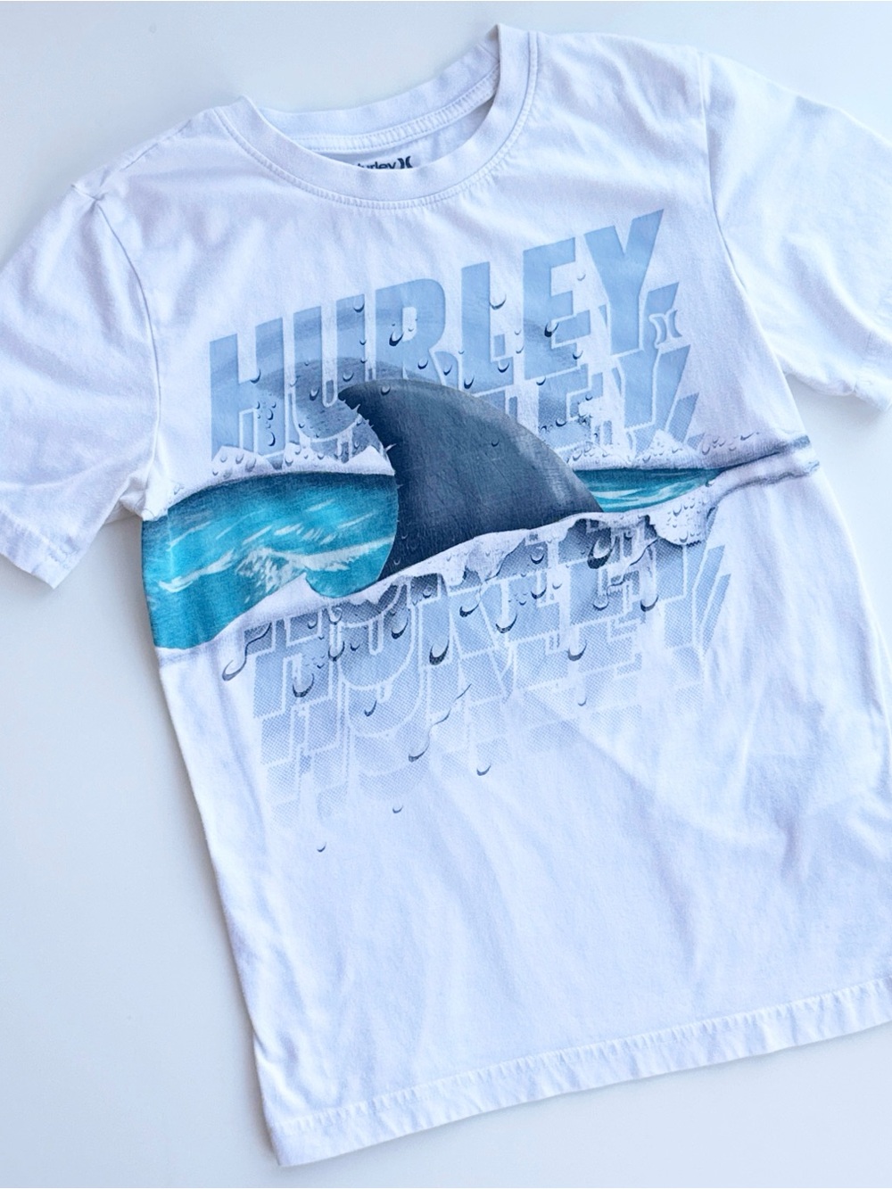 Hurley White Tee with Blue Shark Fin Graphic